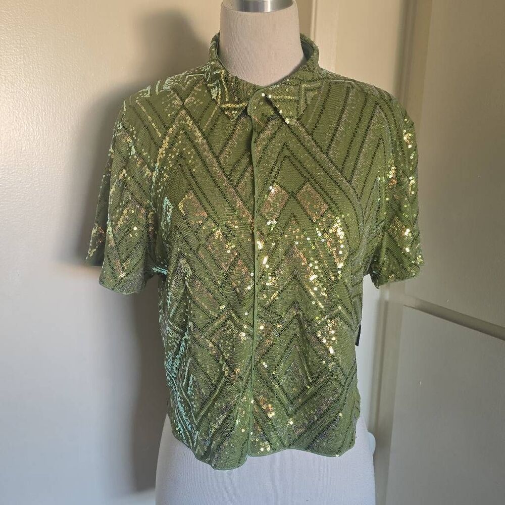 Fever City Unisex Olive/Grn/Gold Snap Frt. Sequin Shirt, Short Slv. Sample, NWOT